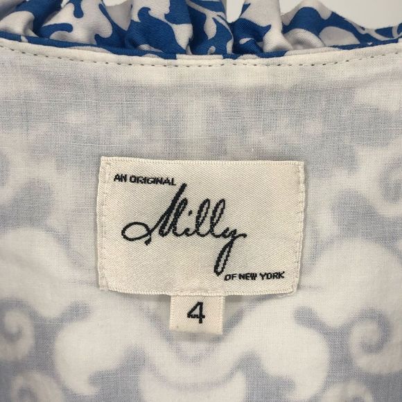 Milly Blue & White Floral Sleeveless V Neck Ruffle Trim Tiered Dress size 4 - Picture 8 of 11